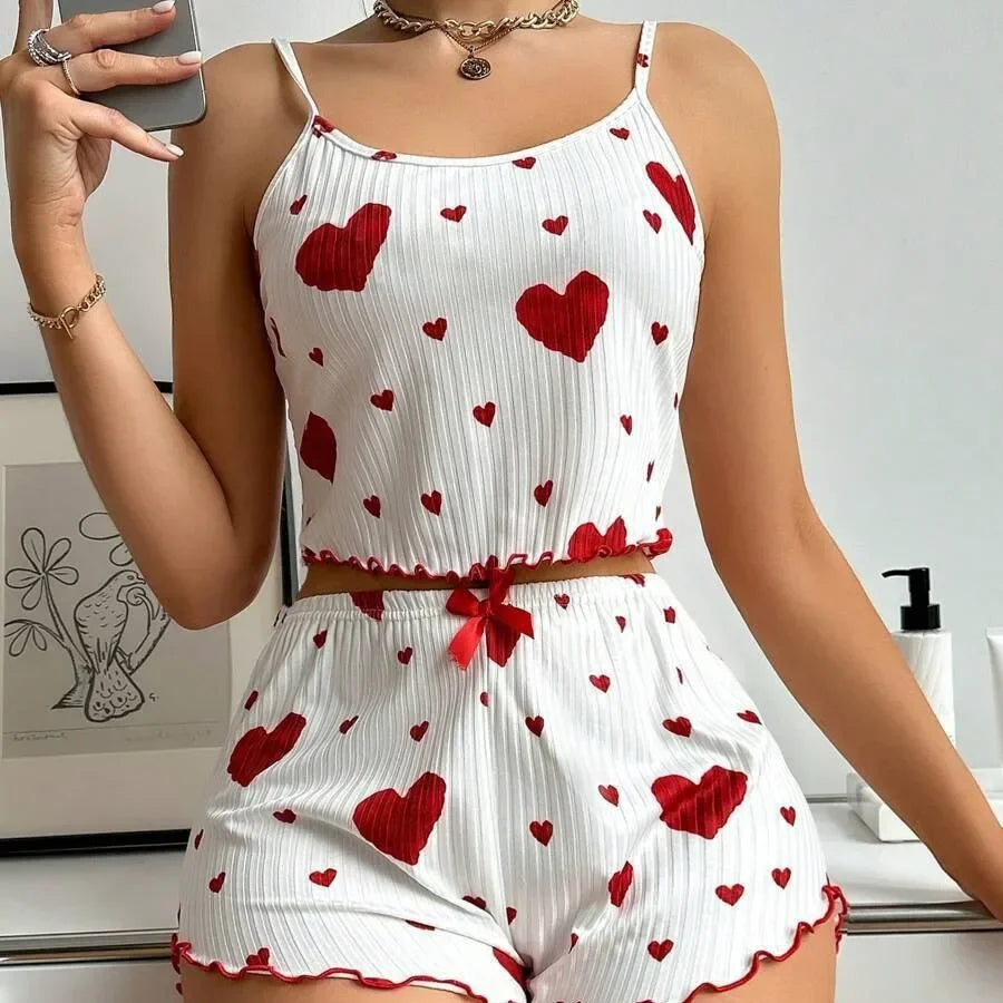 2-Piece Women’s Pajama Set – Soft Ribbed Sleepwear with Heart Print (Tank Top & Shorts)