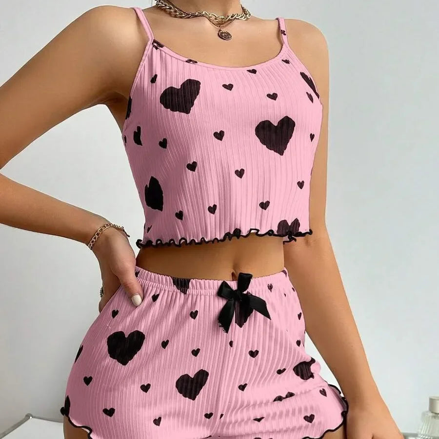 2-Piece Women’s Pajama Set – Soft Ribbed Sleepwear with Heart Print (Tank Top & Shorts)