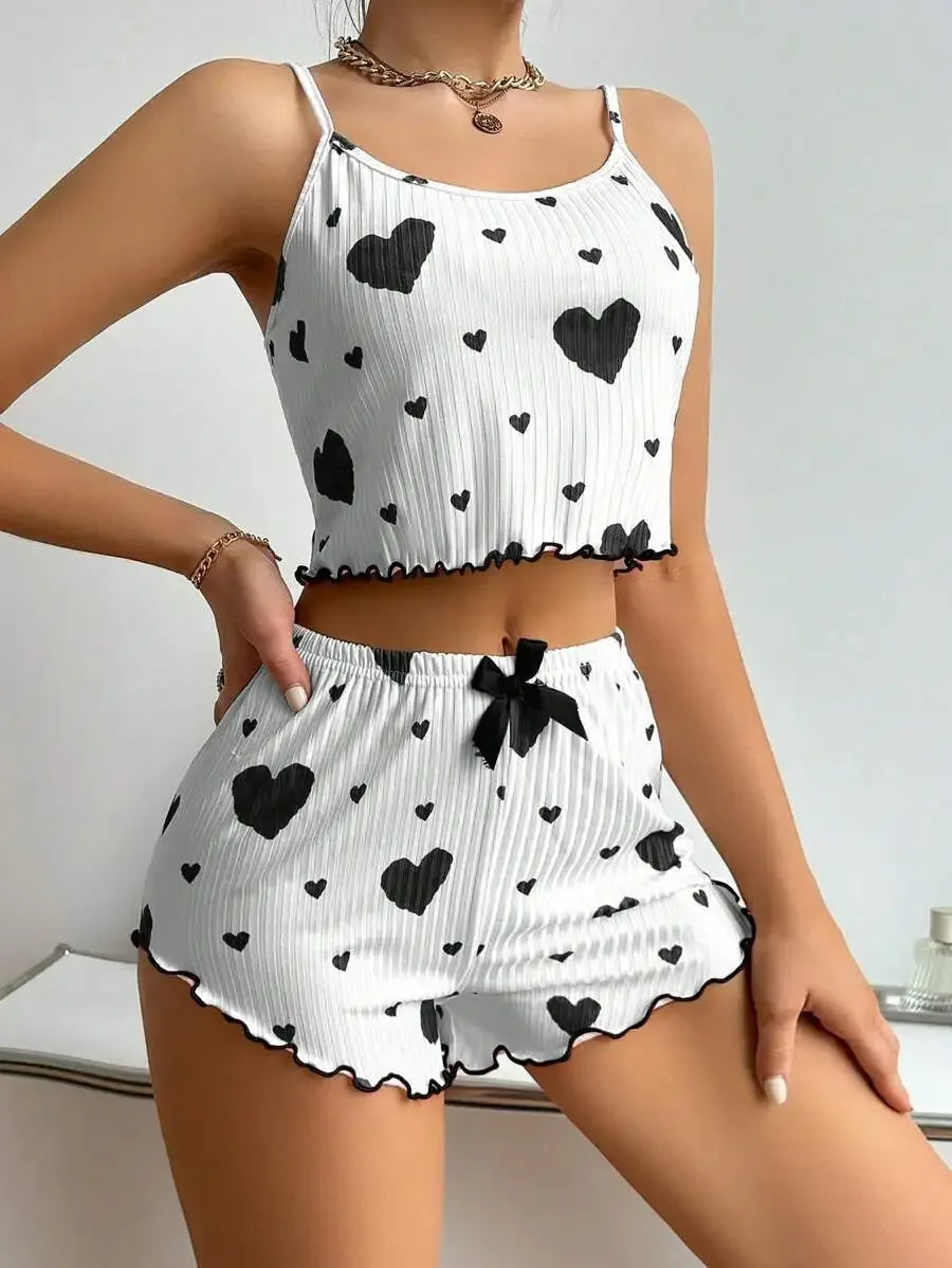 2-Piece Women’s Pajama Set – Soft Ribbed Sleepwear with Heart Print (Tank Top & Shorts)