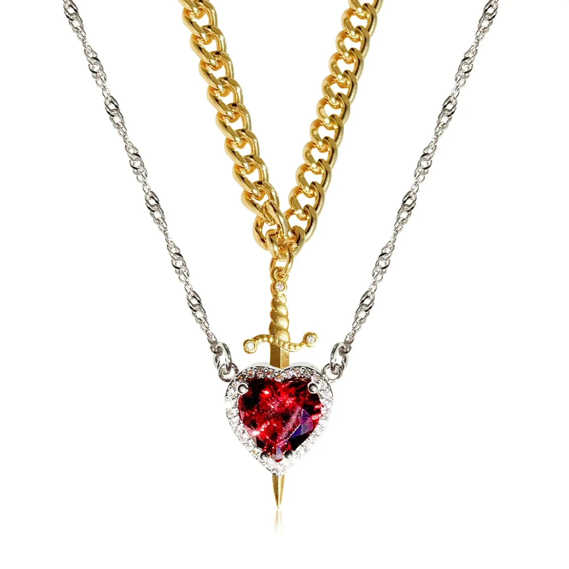Interlocking Heart & Sword Necklace Set – Couple's Symbolic Jewelry in Gold/Silver