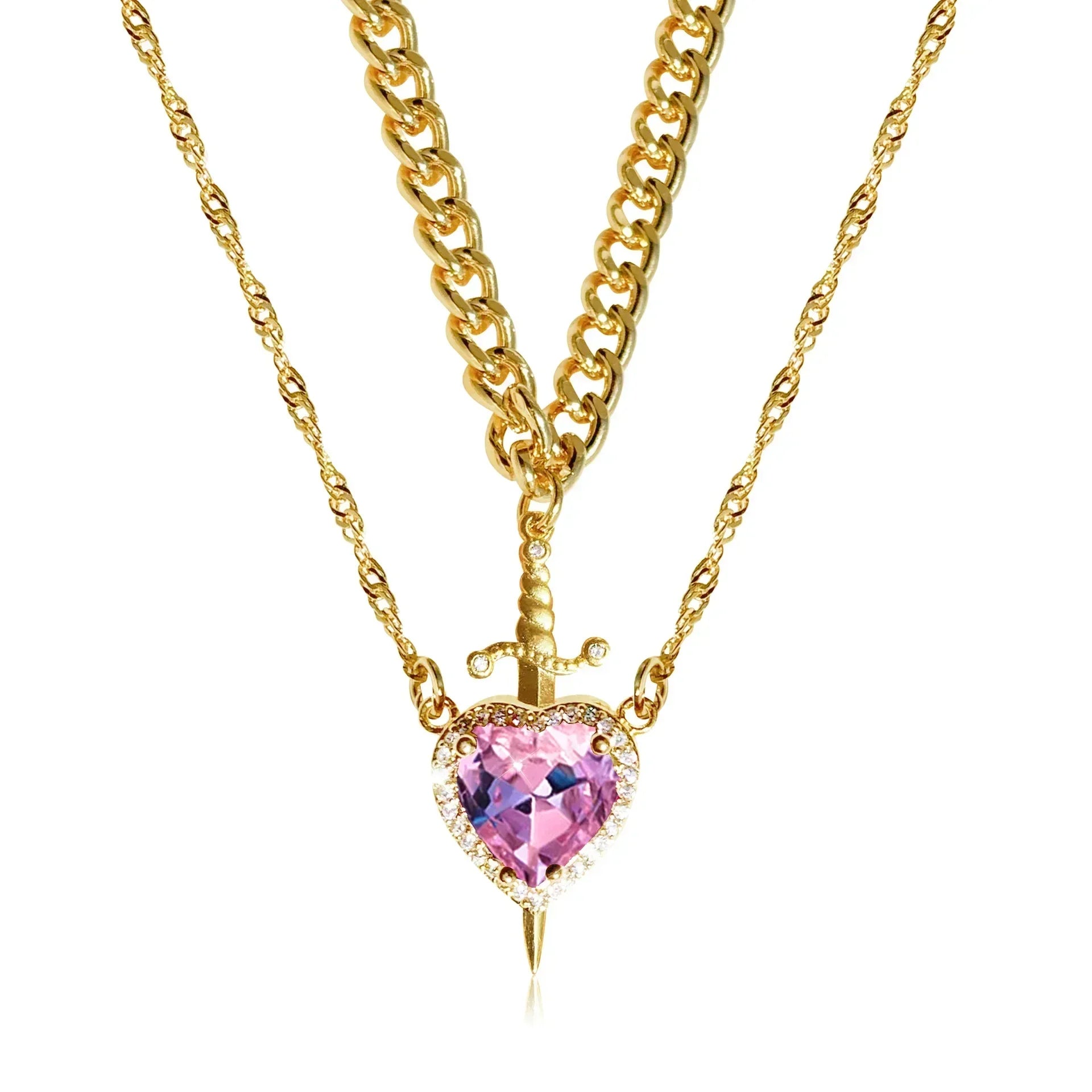 Interlocking Heart & Sword Necklace Set – Couple's Symbolic Jewelry in Gold/Silver