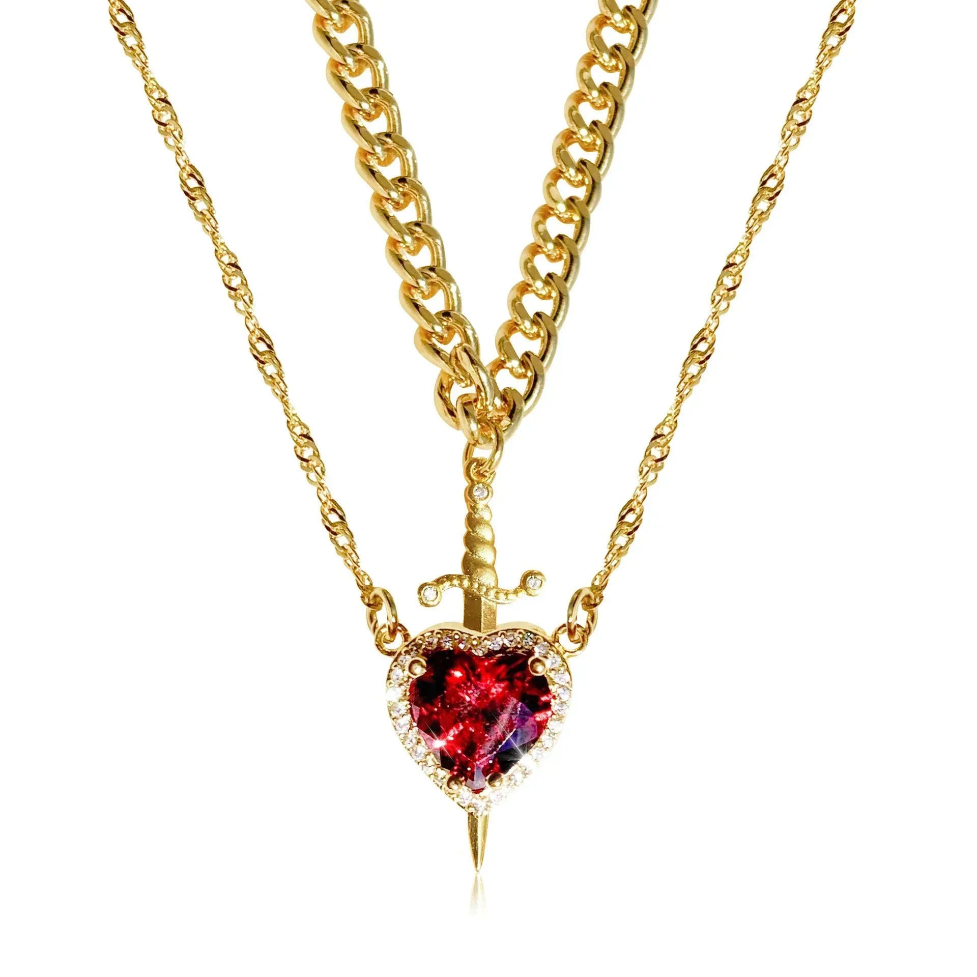 Interlocking Heart & Sword Necklace Set – Couple's Symbolic Jewelry in Gold/Silver