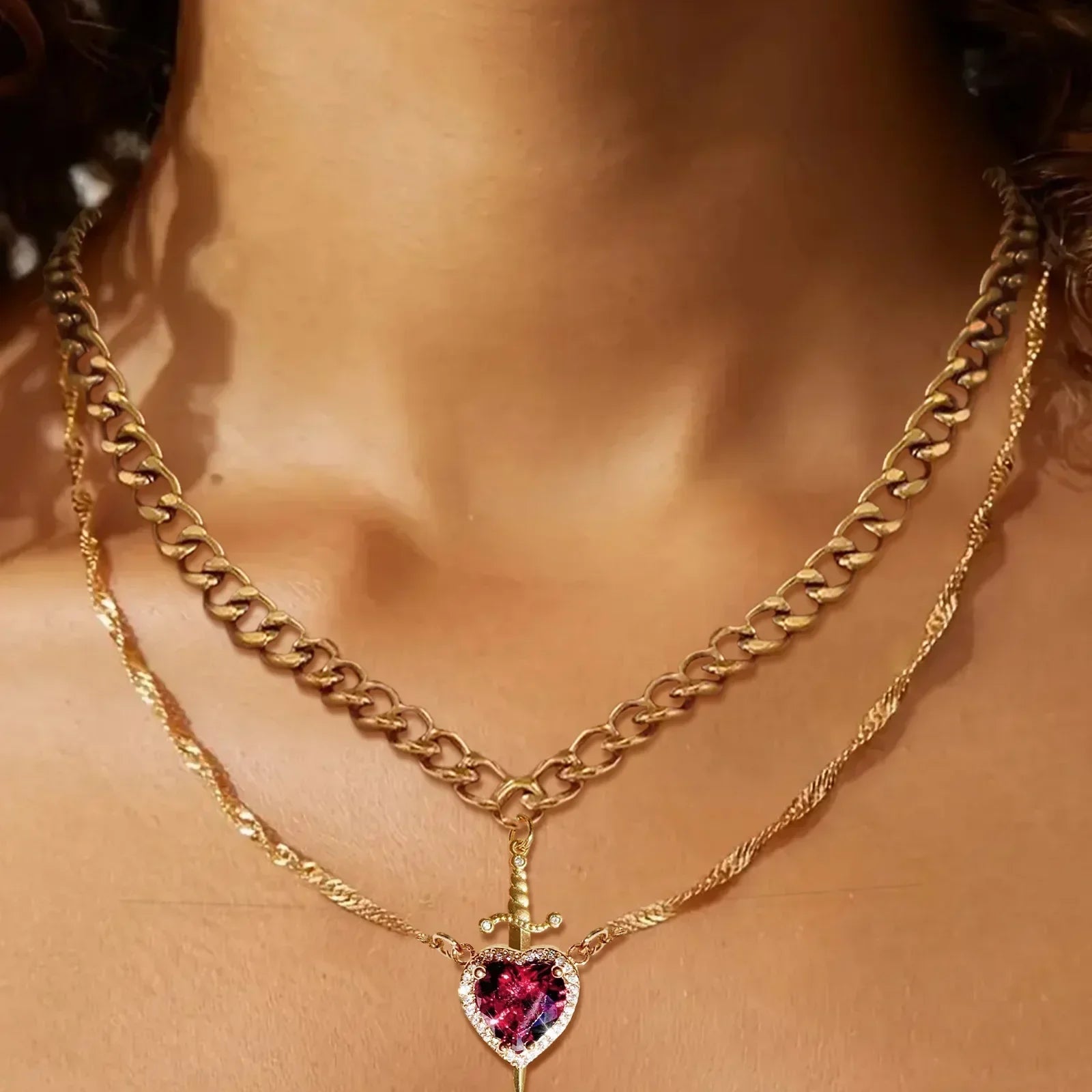 Interlocking Heart & Sword Necklace Set – Couple's Symbolic Jewelry in Gold/Silver