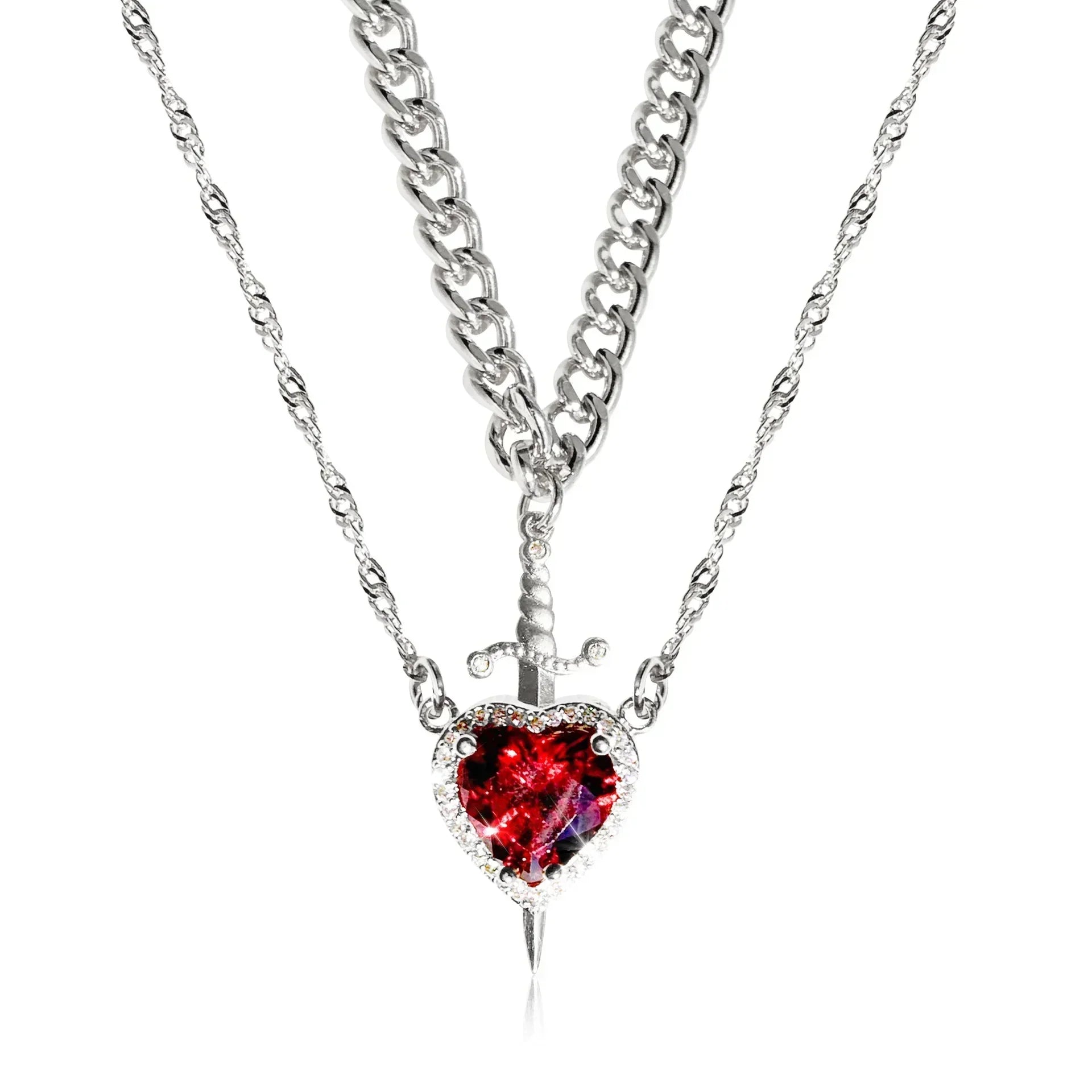 Interlocking Heart & Sword Necklace Set – Couple's Symbolic Jewelry in Gold/Silver