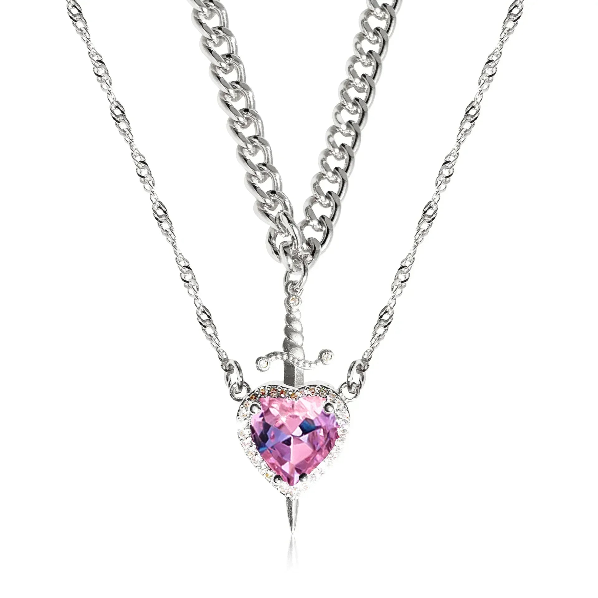Interlocking Heart & Sword Necklace Set – Couple's Symbolic Jewelry in Gold/Silver