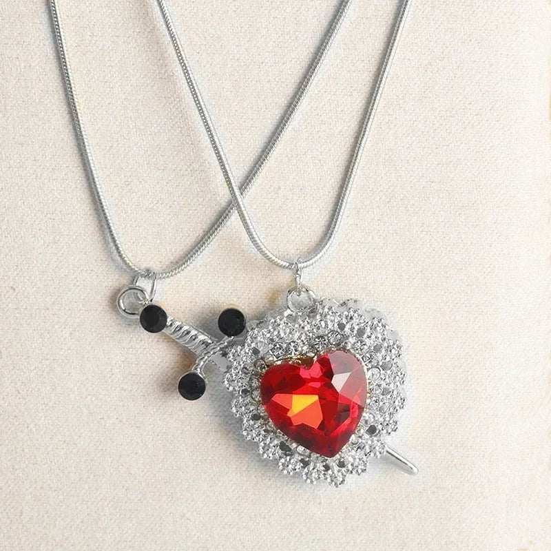 Interlocking Heart & Sword Necklace Set – Couple's Symbolic Jewelry in Gold/Silver