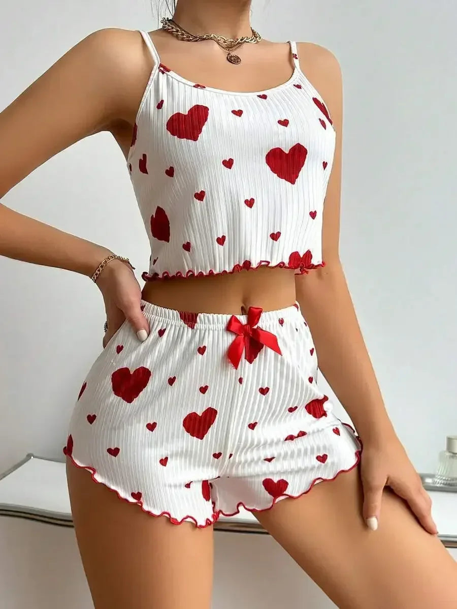 2-Piece Women’s Pajama Set – Soft Ribbed Sleepwear with Heart Print (Tank Top & Shorts)
