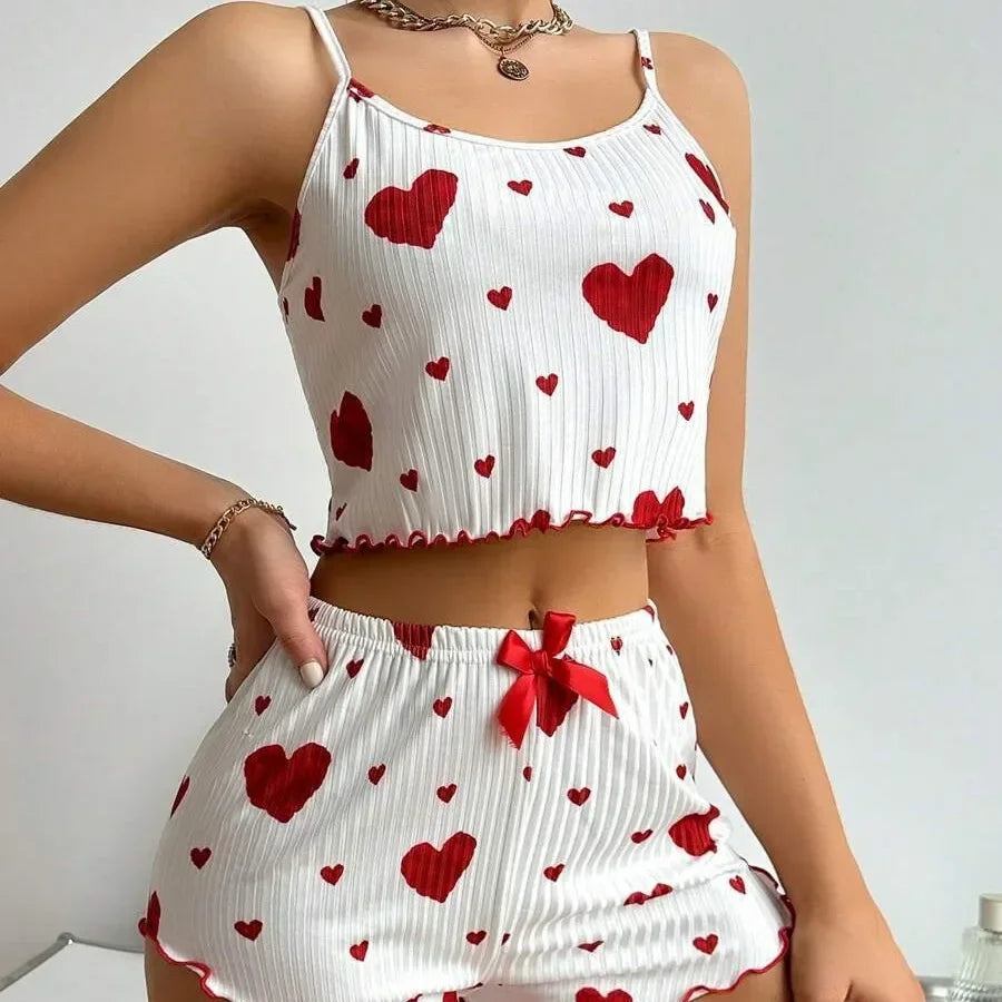 2-Piece Women’s Pajama Set – Soft Ribbed Sleepwear with Heart Print (Tank Top & Shorts)