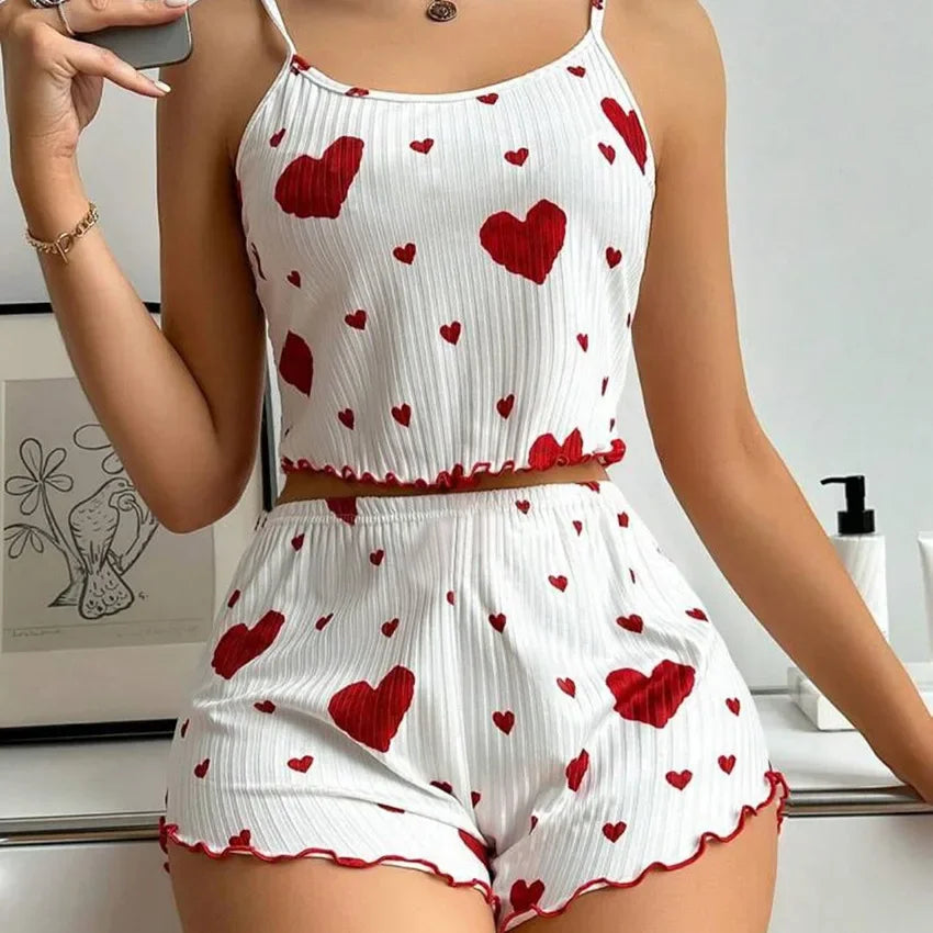 2-Piece Women’s Pajama Set – Soft Ribbed Sleepwear with Heart Print (Tank Top & Shorts)