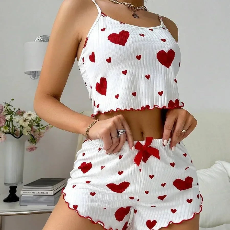 2-Piece Women’s Pajama Set – Soft Ribbed Sleepwear with Heart Print (Tank Top & Shorts)