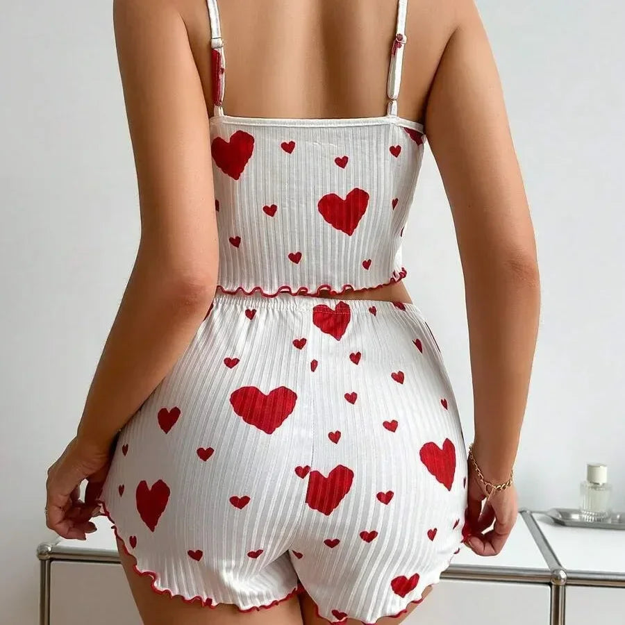2-Piece Women’s Pajama Set – Soft Ribbed Sleepwear with Heart Print (Tank Top & Shorts)
