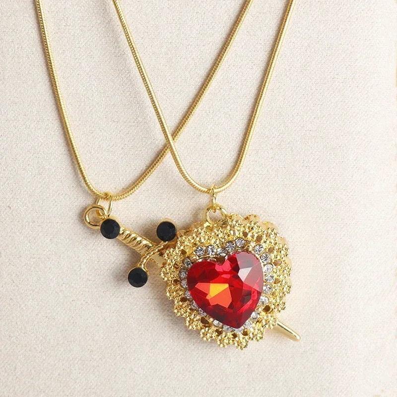 Interlocking Heart & Sword Necklace Set – Couple's Symbolic Jewelry in Gold/Silver