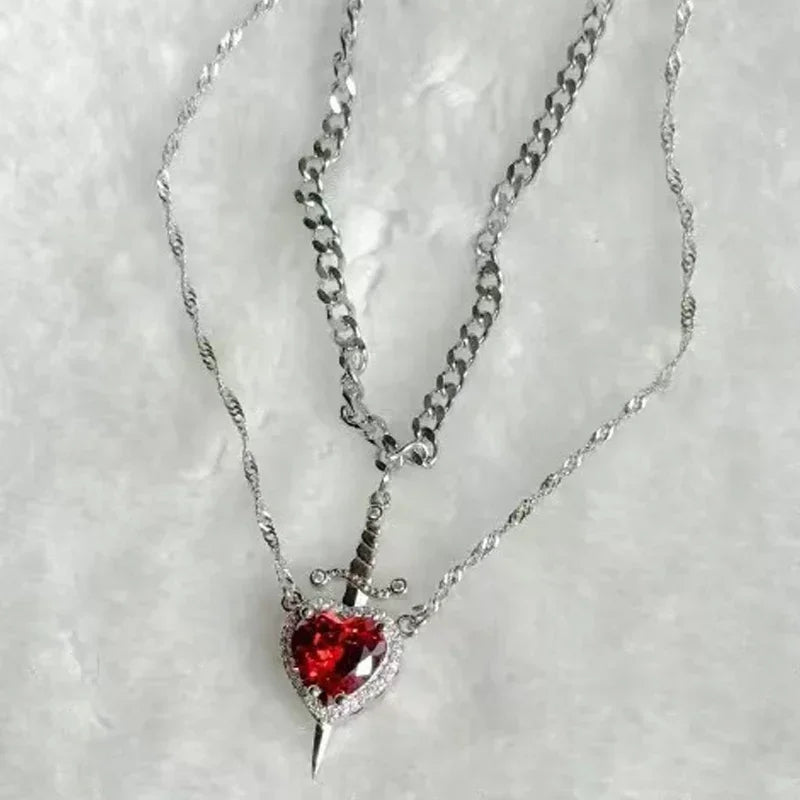Interlocking Heart & Sword Necklace Set – Couple's Symbolic Jewelry in Gold/Silver