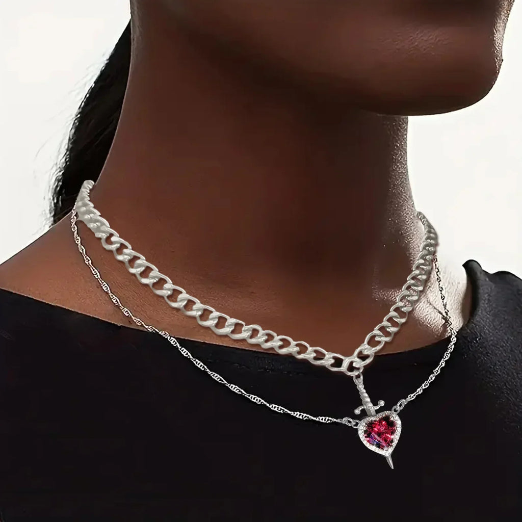 Interlocking Heart & Sword Necklace Set – Couple's Symbolic Jewelry in Gold/Silver