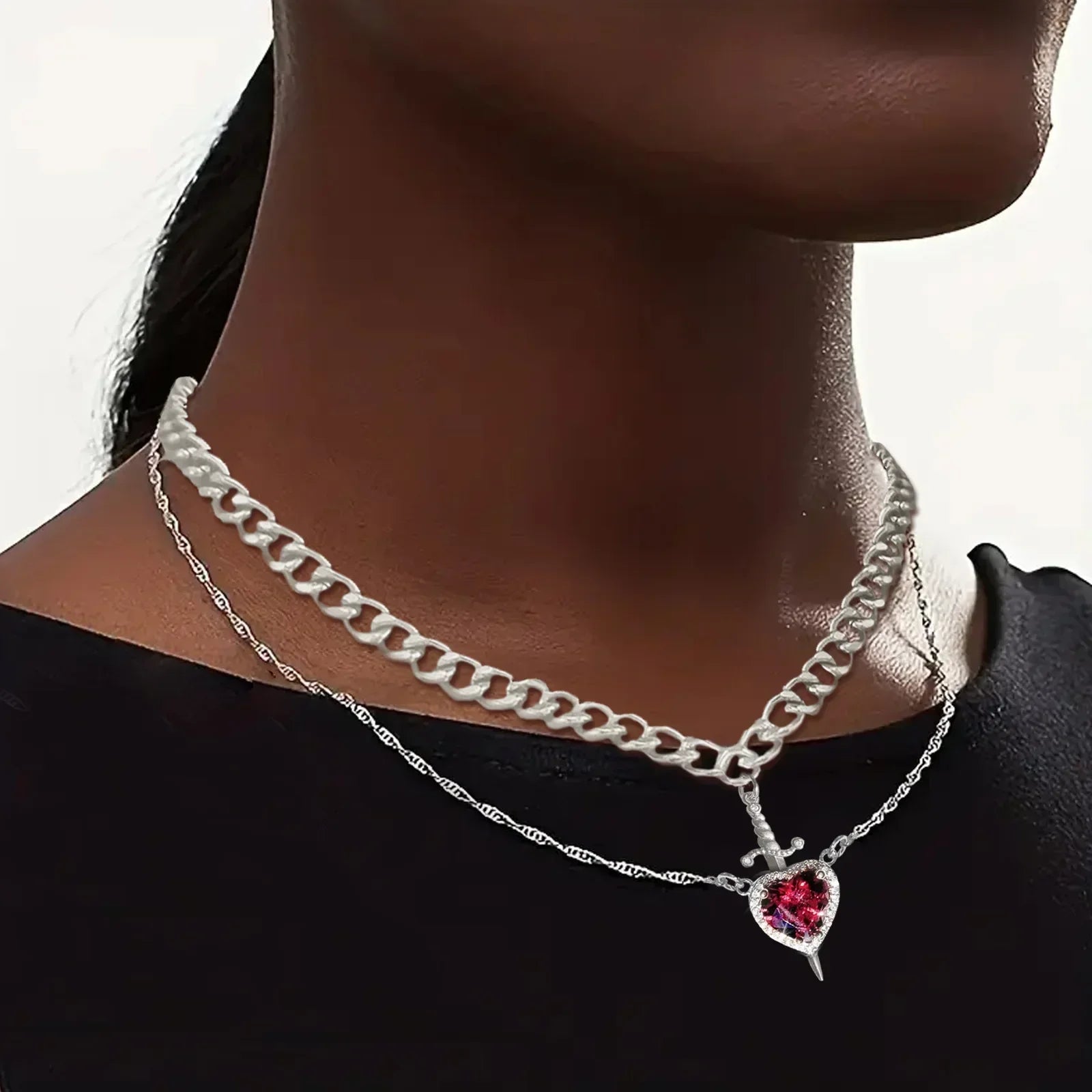 Interlocking Heart & Sword Necklace Set – Couple's Symbolic Jewelry in Gold/Silver