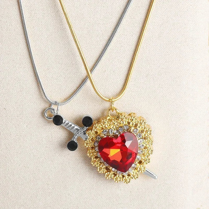 Interlocking Heart & Sword Necklace Set – Couple's Symbolic Jewelry in Gold/Silver