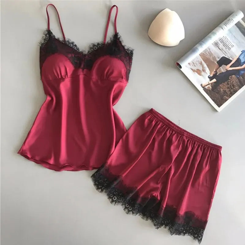 Women's Lace Trim V-Neck Pajama Set – Sensual Comfort Meets Elegant Design