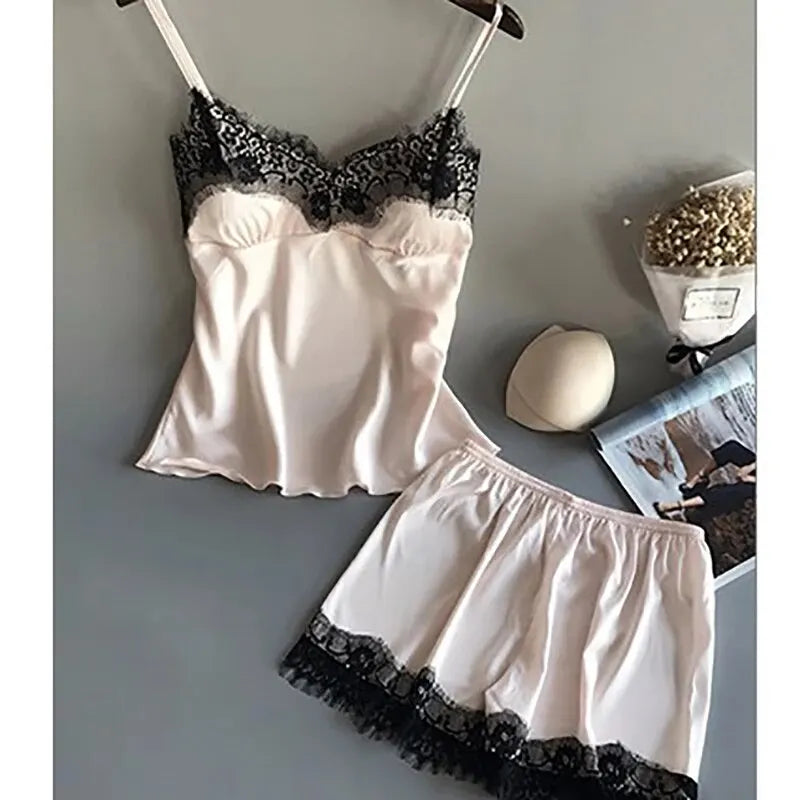 Women's Lace Trim V-Neck Pajama Set – Sensual Comfort Meets Elegant Design