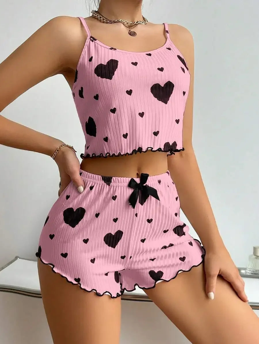 2-Piece Women’s Pajama Set – Soft Ribbed Sleepwear with Heart Print (Tank Top & Shorts)