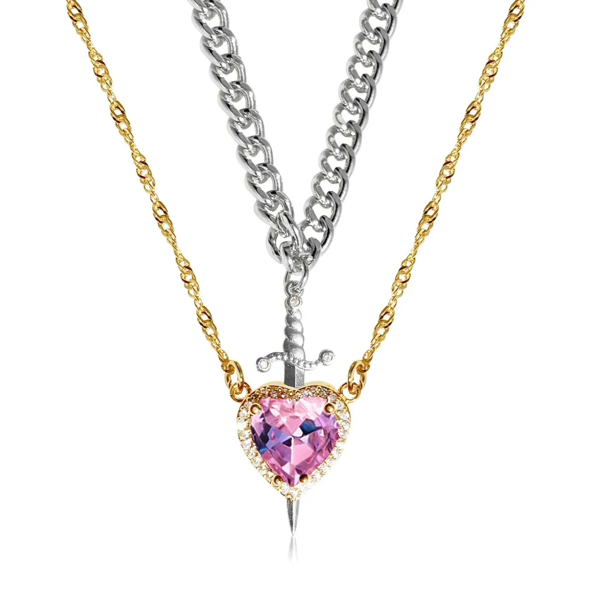 Interlocking Heart & Sword Necklace Set – Couple's Symbolic Jewelry in Gold/Silver
