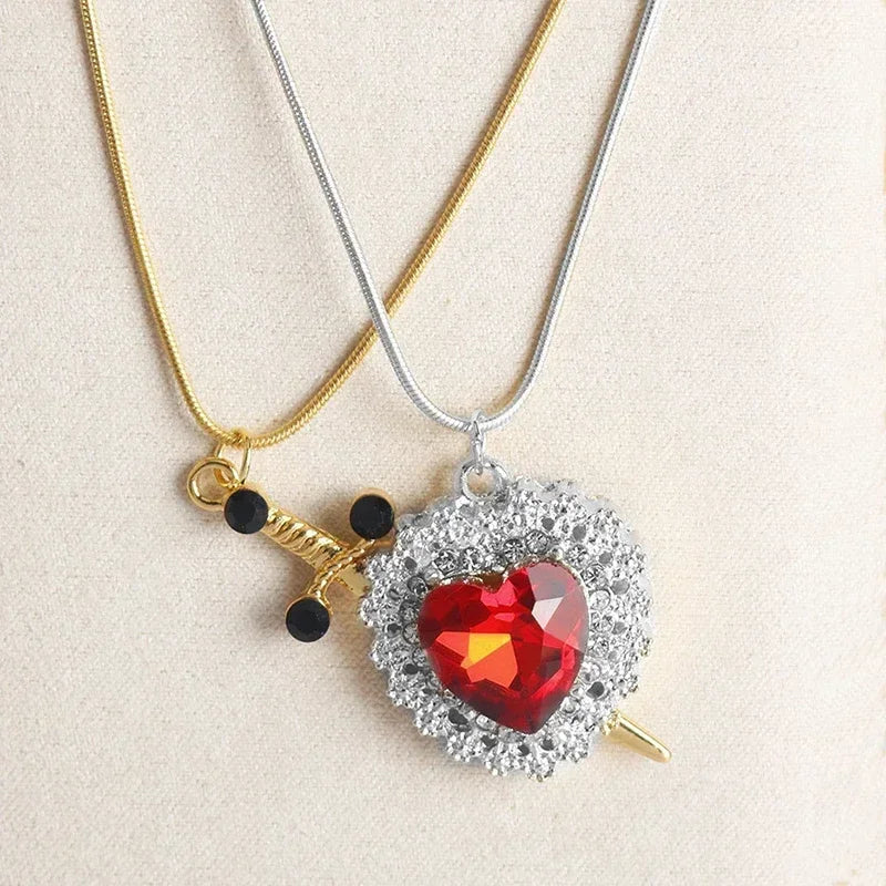 Interlocking Heart & Sword Necklace Set – Couple's Symbolic Jewelry in Gold/Silver