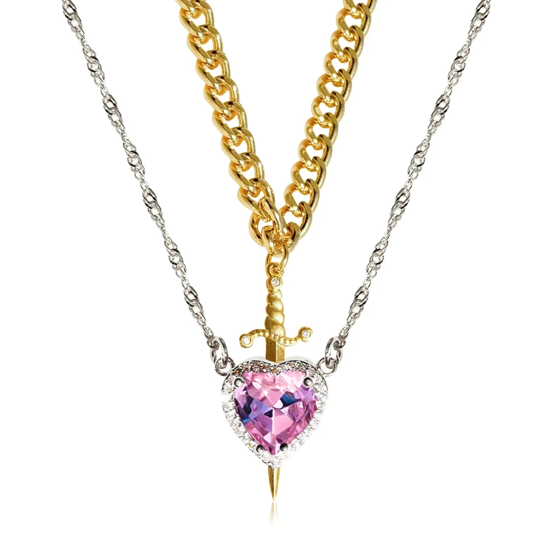 Interlocking Heart & Sword Necklace Set – Couple's Symbolic Jewelry in Gold/Silver