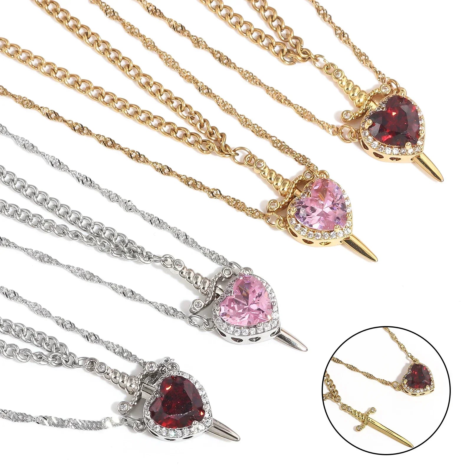 Interlocking Heart & Sword Necklace Set – Couple's Symbolic Jewelry in Gold/Silver