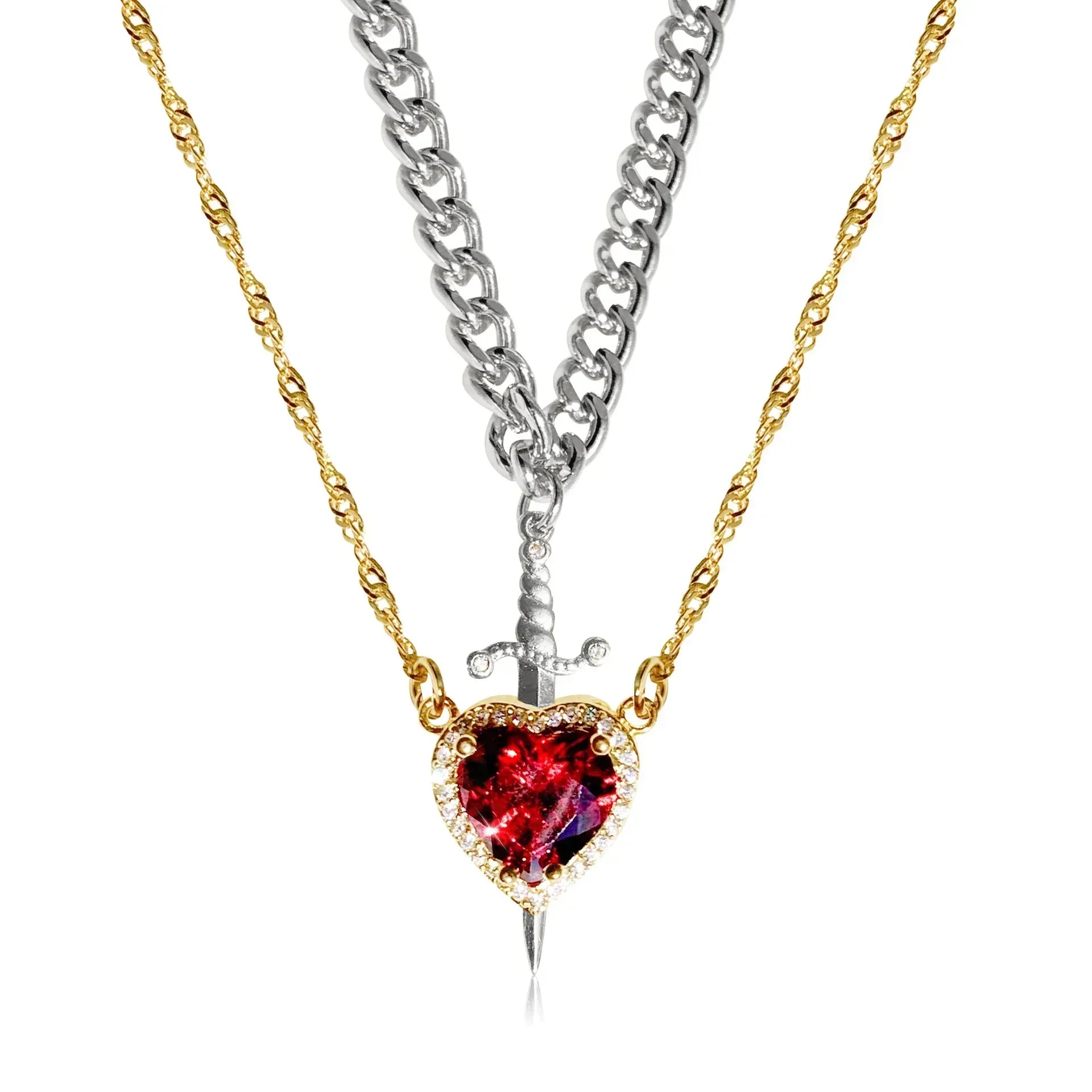 Interlocking Heart & Sword Necklace Set – Couple's Symbolic Jewelry in Gold/Silver
